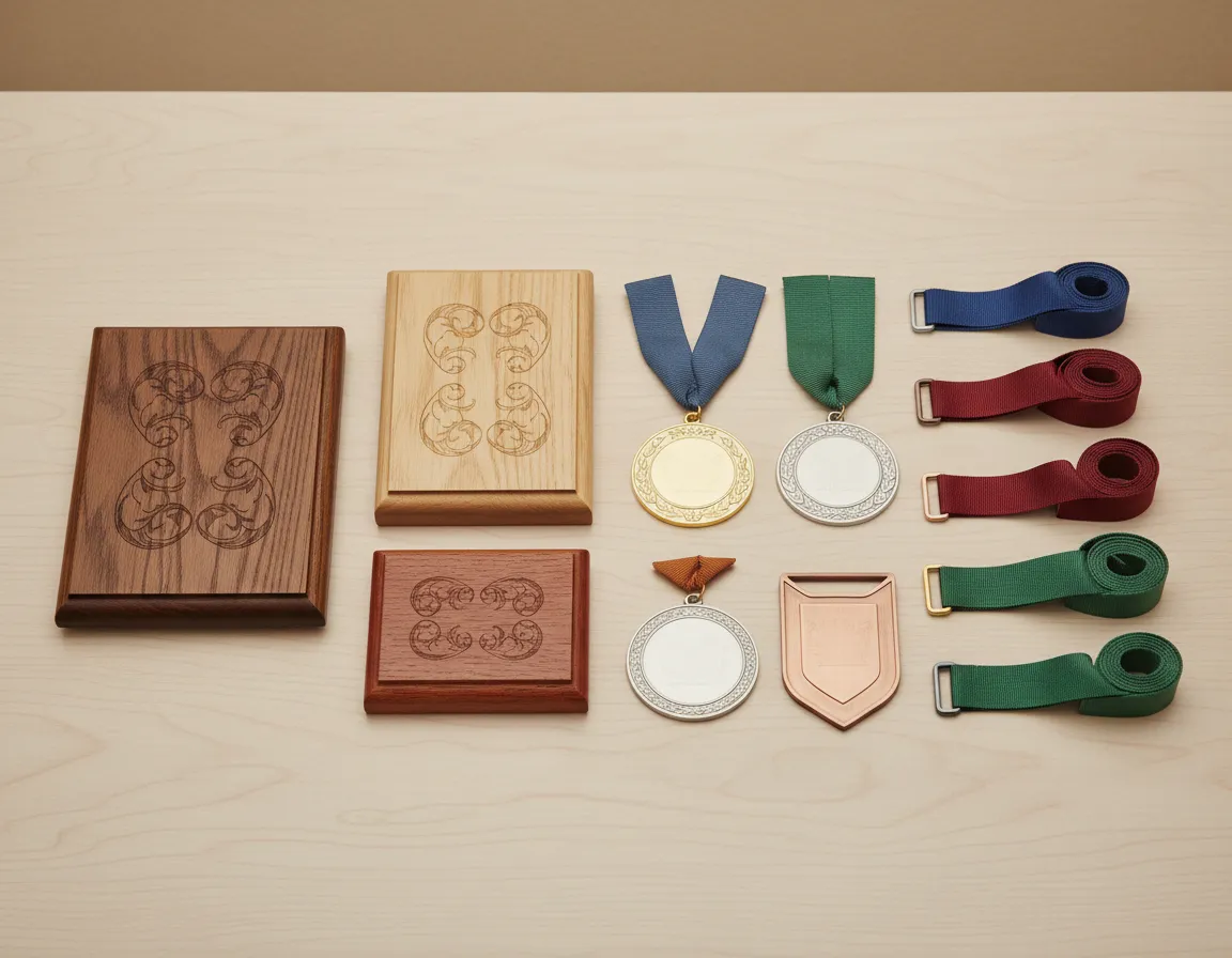 Engraved plaques and medals on display