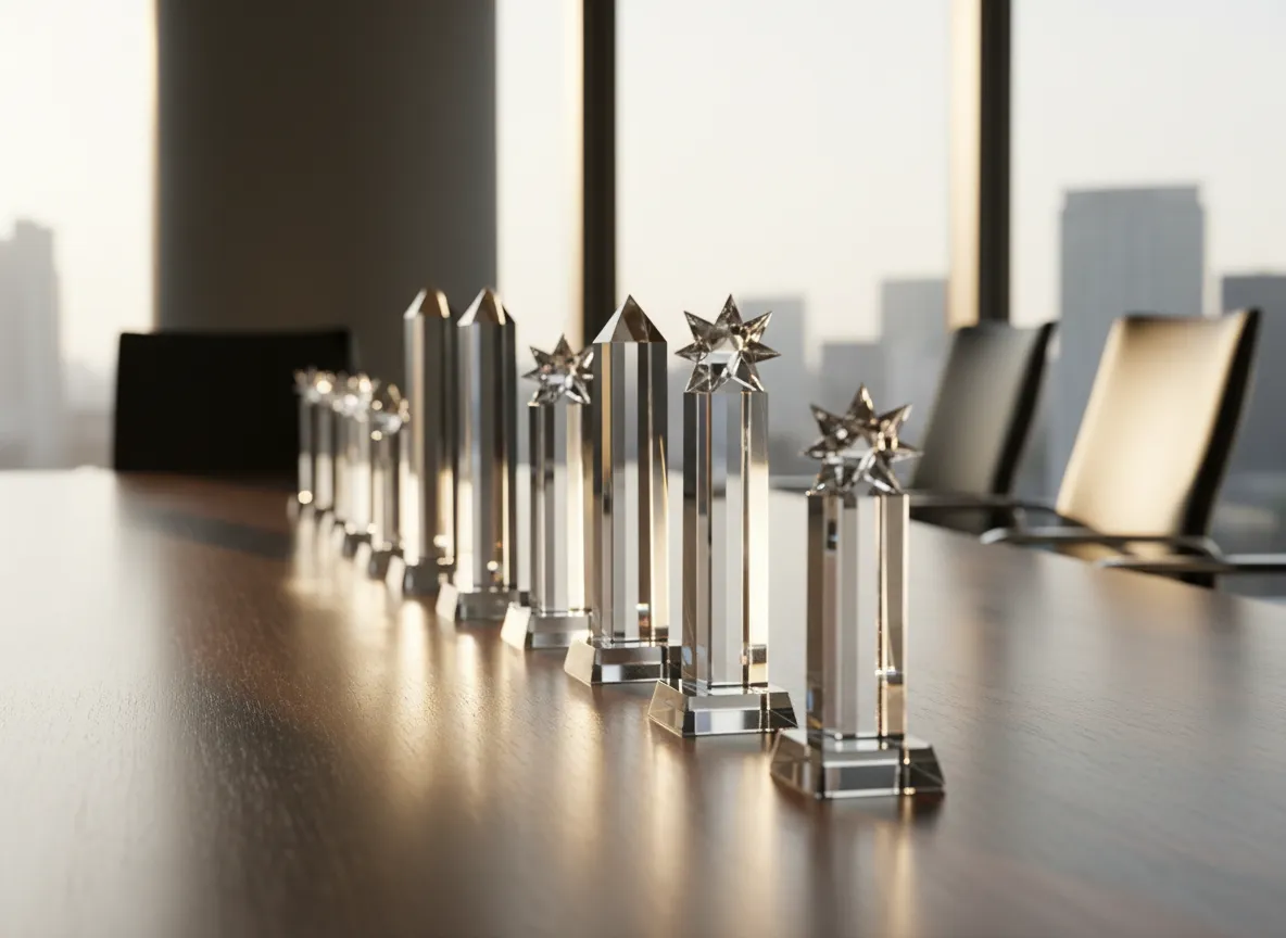 Corporate crystal awards on a conference table