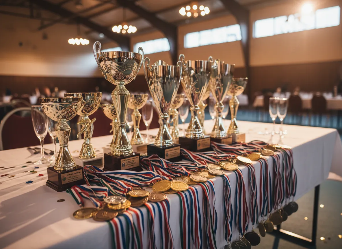 Sports trophies and medals arranged for a team banquet