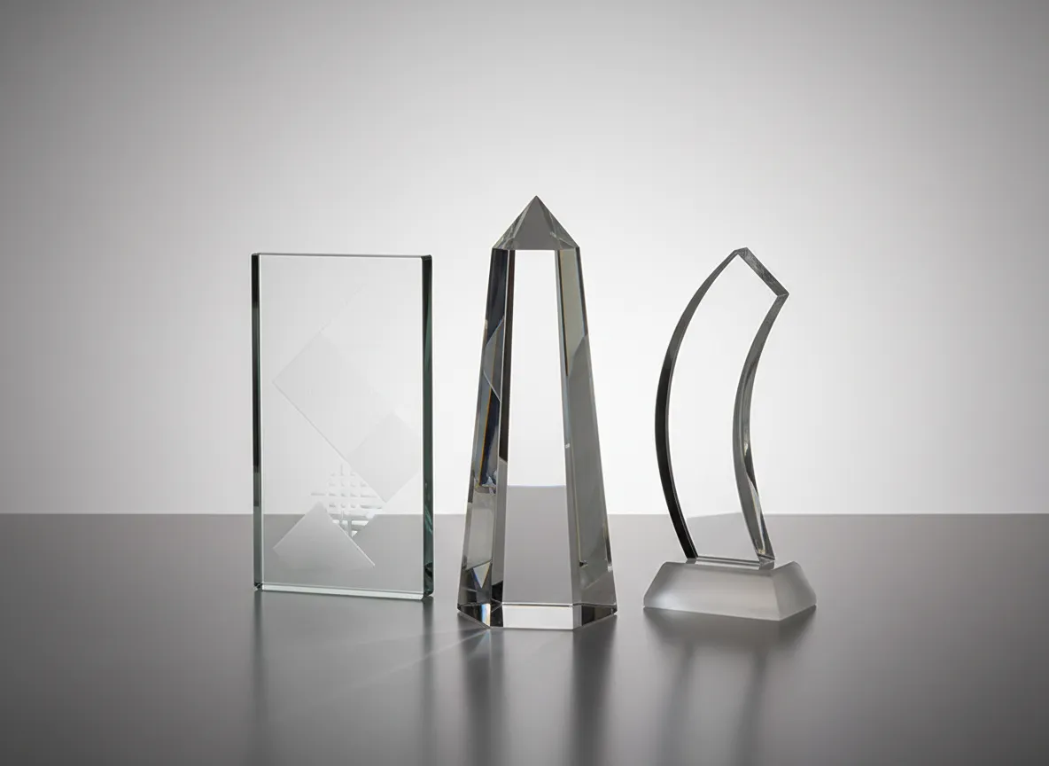 Close-up of engraved acrylic and crystal awards on display