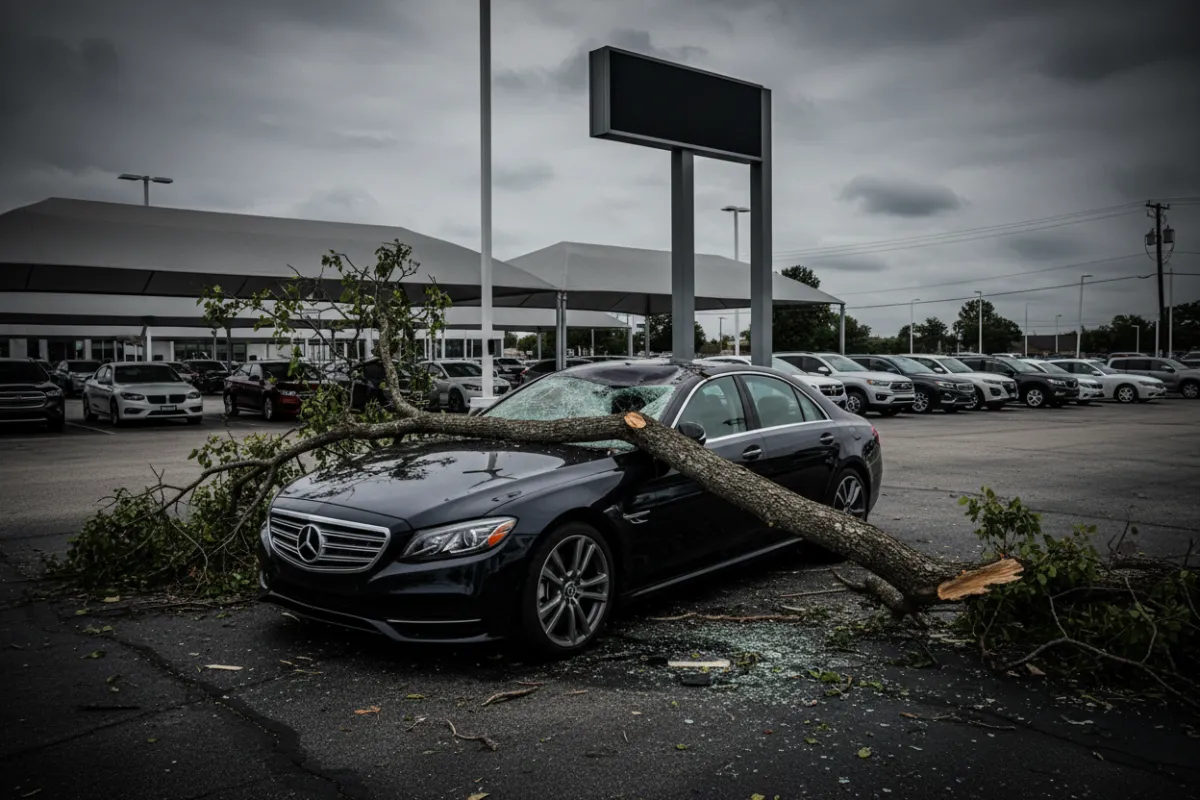 Damaged vehicle on dealership lot with tree on roof