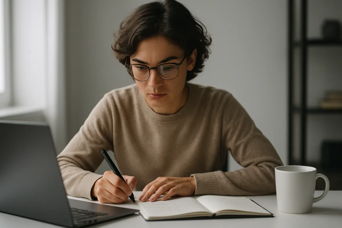 Focused learner working on a project brief at a desk