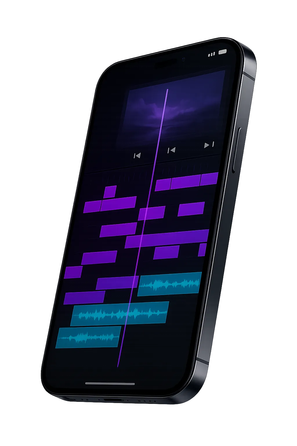 Sleek floating smartphone displaying digital video editing timeline and waveforms