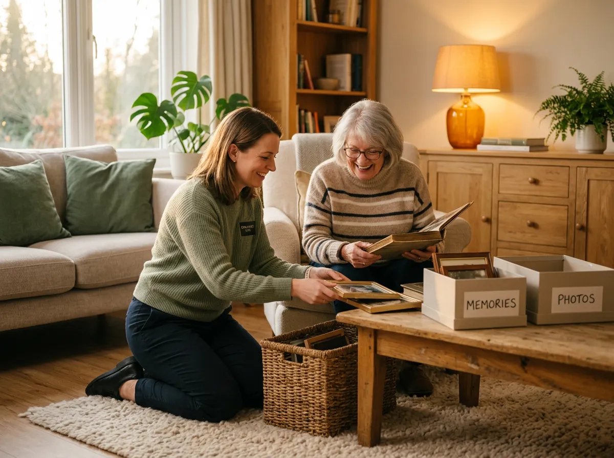 Friendly professional organizer working alongside a smiling senior client in a peaceful, sunny living room