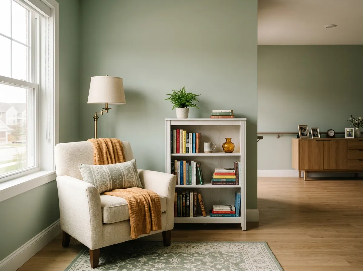 Bright, serene senior living apartment with wide pathways and organized accessible shelving in Arizona