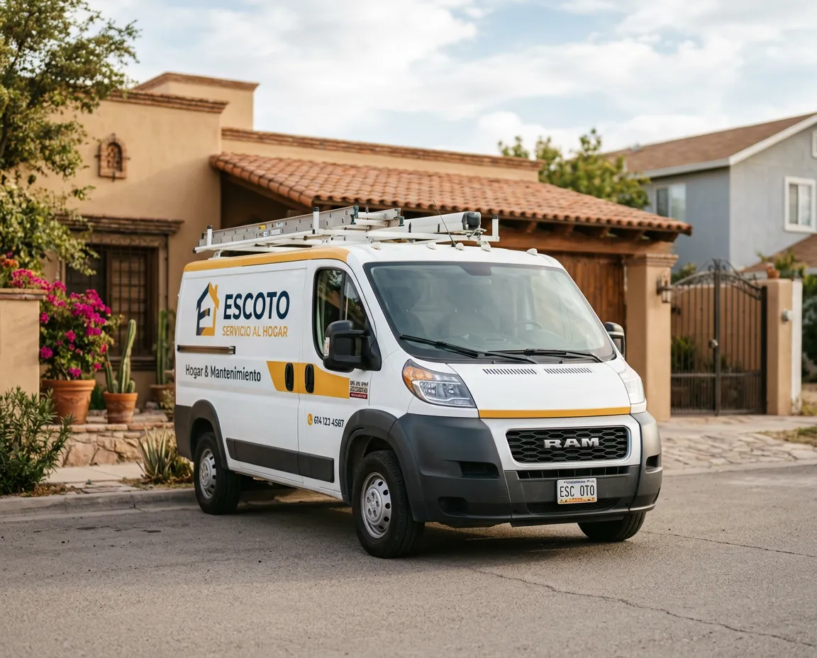 Camioneta de servicio técnico profesional de Escoto Servicio al Hogar estacionada en calle residencial de Chihuahua