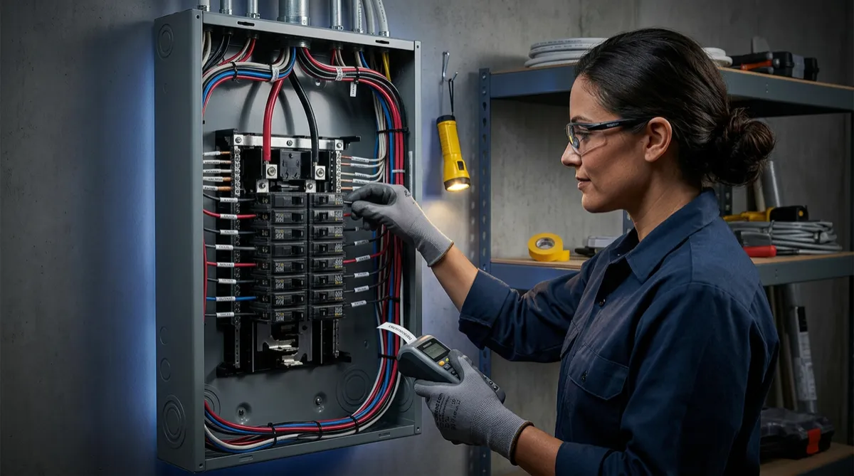 Electricista profesional organizando centro de carga y cableado de seguridad