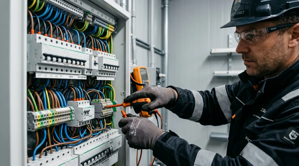 Técnico profesional realizando mantenimiento a tablero y sistema eléctrico
