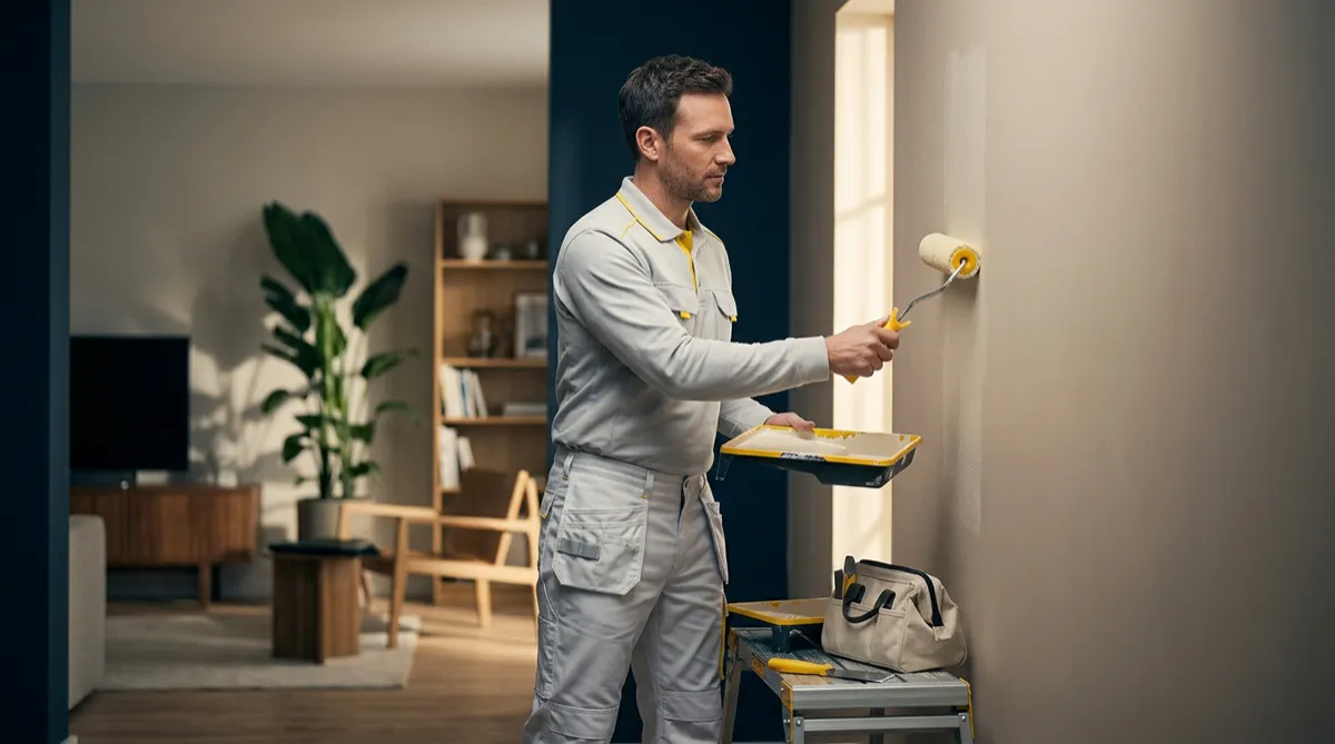 Pintor profesional aplicando acabado liso en muros