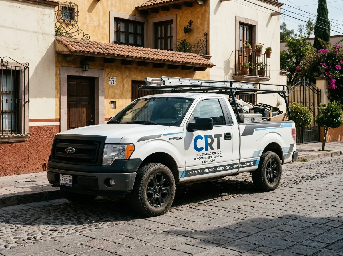 Vehículo utilitario de Carlos RT con rotulación oficial estacionado frente a residencia en León Guanajuato