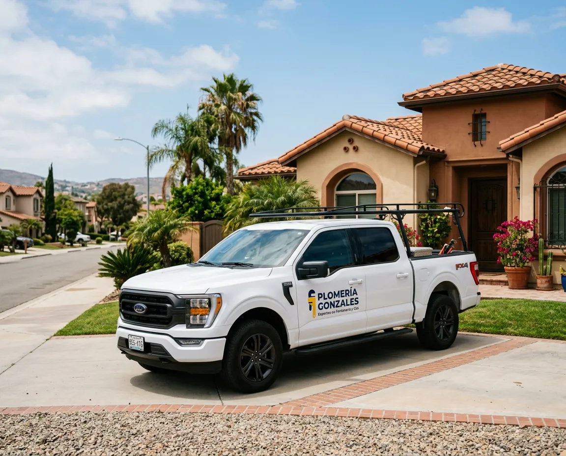 Camioneta de servicio equipada de Plomería Gonzales estacionada frente a residencia en Tijuana