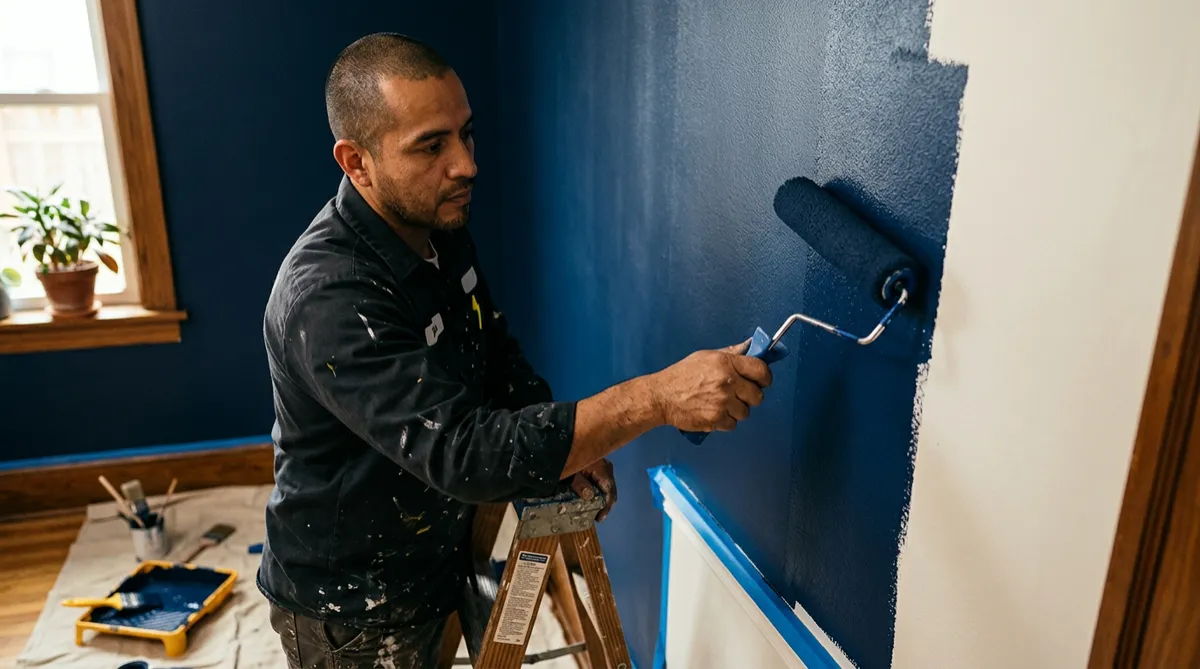 Pintor experto aplicando capa uniforme en interiores con rodillo y protección
