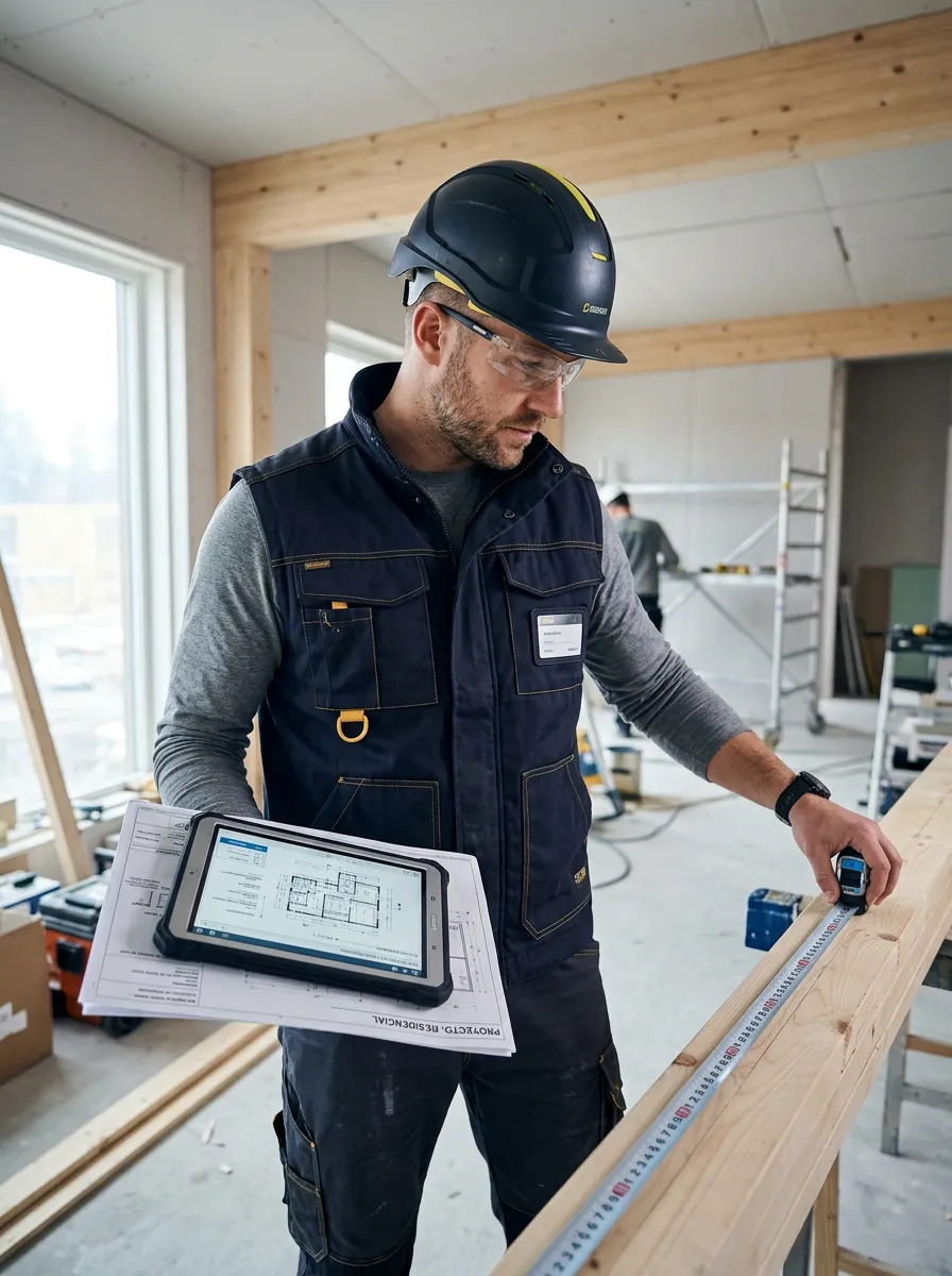 Especialista técnico midiendo materiales con precisión en obra de remodelación en León