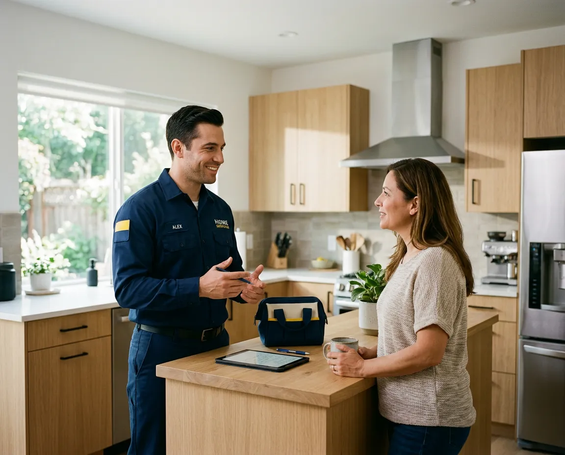 Técnico especialista Juan dialogando amablemente con un cliente en su hogar sobre los trabajos a realizar