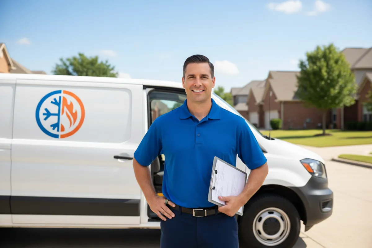 A confident, smiling HVAC technician in blue uniform stands in front of a branded service van, holding a clipboard. The background is a suburban street with clear skies. The image is crisp, modern, and conveys trust and professionalism. 3:2 aspect ratio.