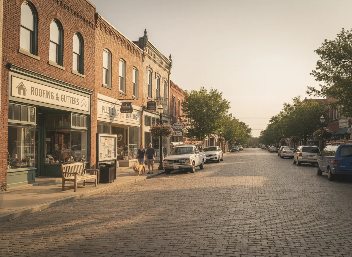 Main Street with local service trucks