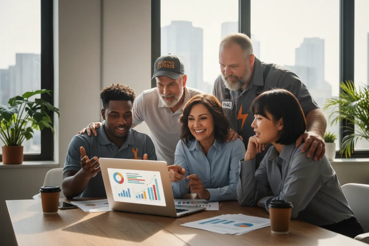 A diverse group of home service business owners—HVAC, plumber, roofer, and electrician—gathered around a laptop in a bright office, excitedly reviewing marketing results. The scene is energetic and forward-looking. 3:2 aspect ratio.