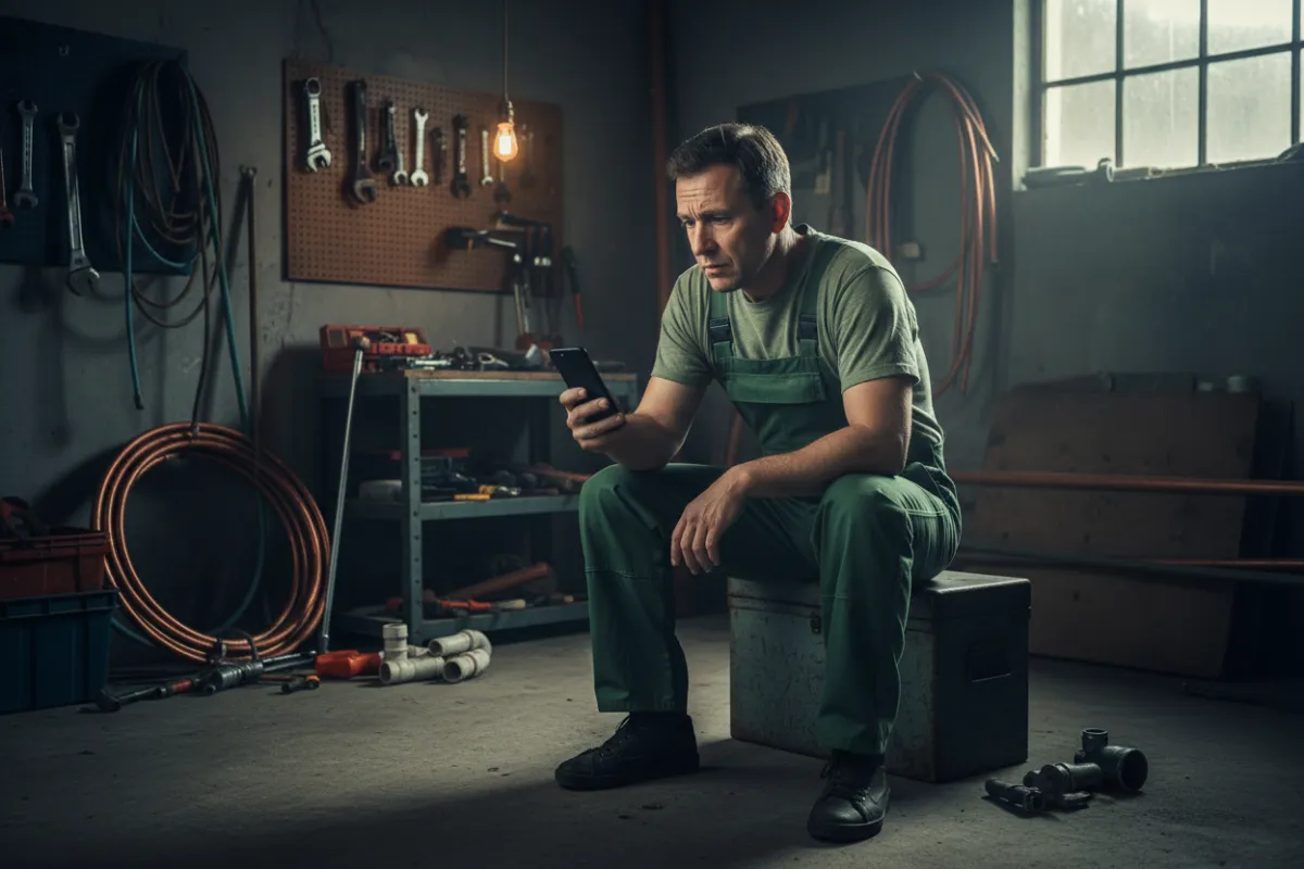 A worried plumber in green overalls sits on a toolbox in a dimly lit garage, looking at a silent phone. The background features scattered tools and pipes, emphasizing the struggle of being unnoticed. 3:2 aspect ratio.