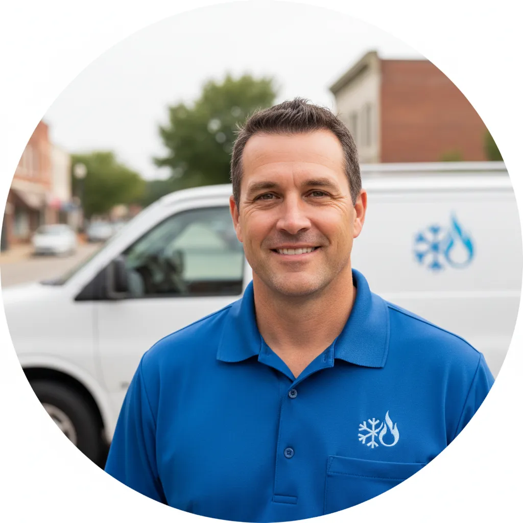 Smiling HVAC business owner in front of van