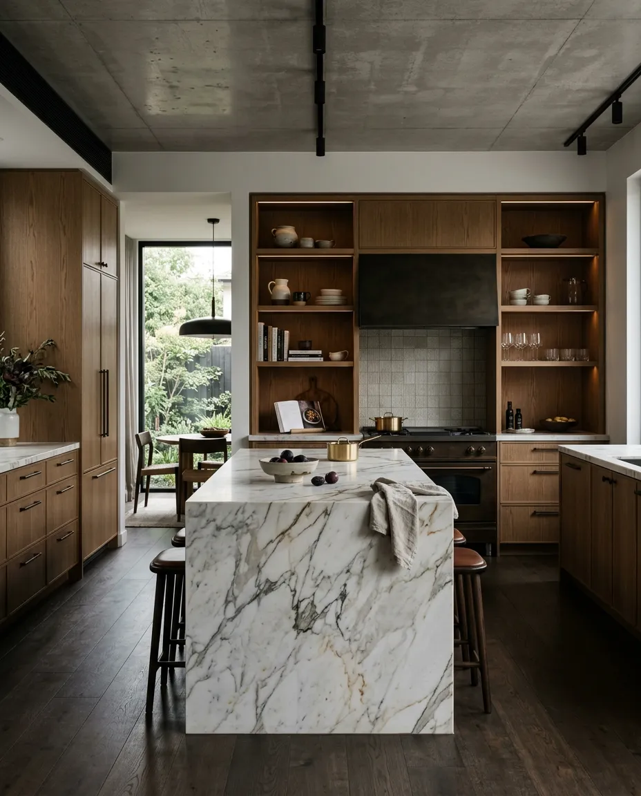 Bespoke Chef Kitchen with Monolithic Calacatta Marble Island and Rift Sawn Oak Millwork