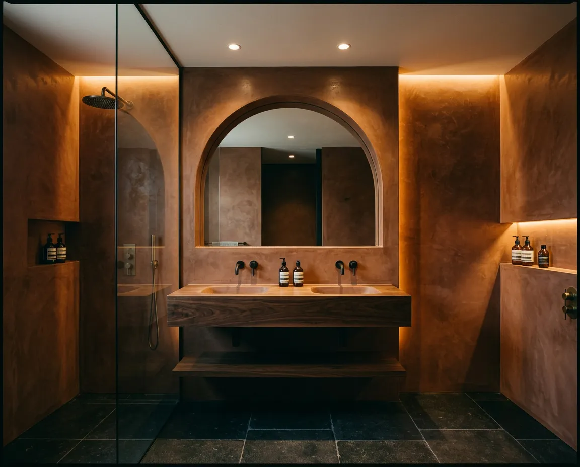 Master Bathroom Wet Room with Moroccan Tadelakt Plaster and Custom Dual Vanity