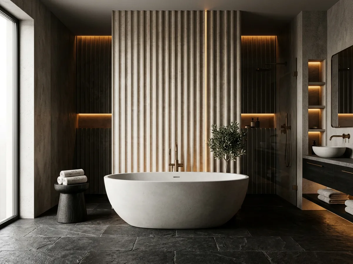 Primary Wellness Bathroom with Fluted Limestone and Freestanding Sculptural Bath