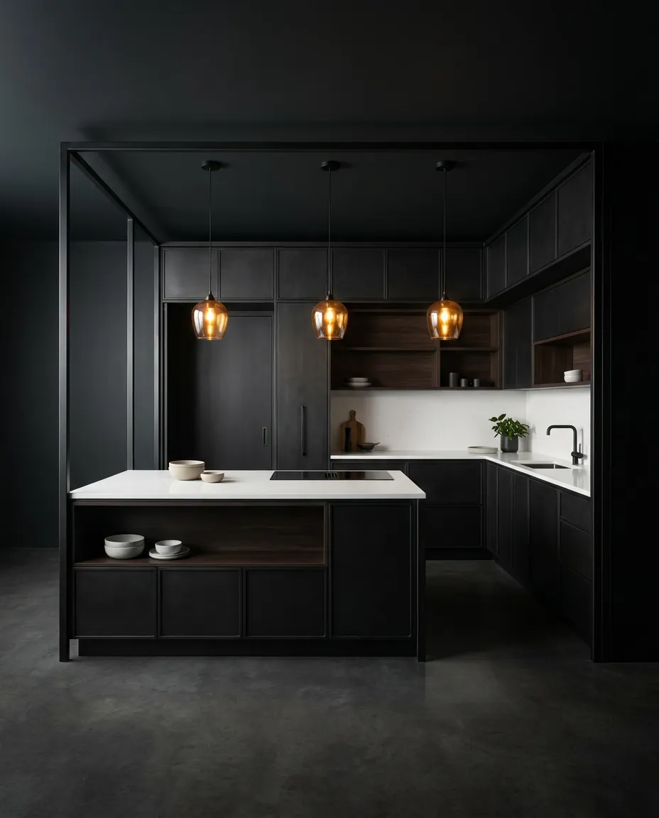 Minimalist High-End Kitchen with Blackened Steel Frame and Integrated Concealed Pantry