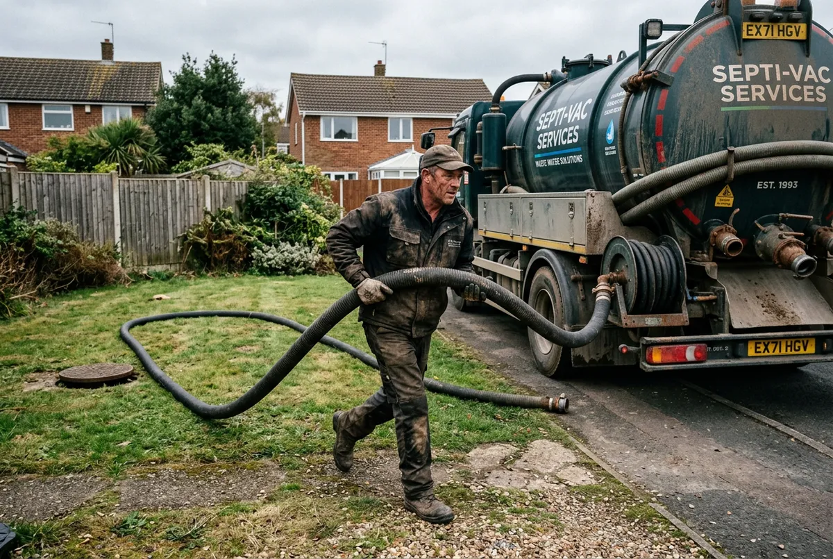 Septic system technician connecting pump discharge hose at an active residential job site