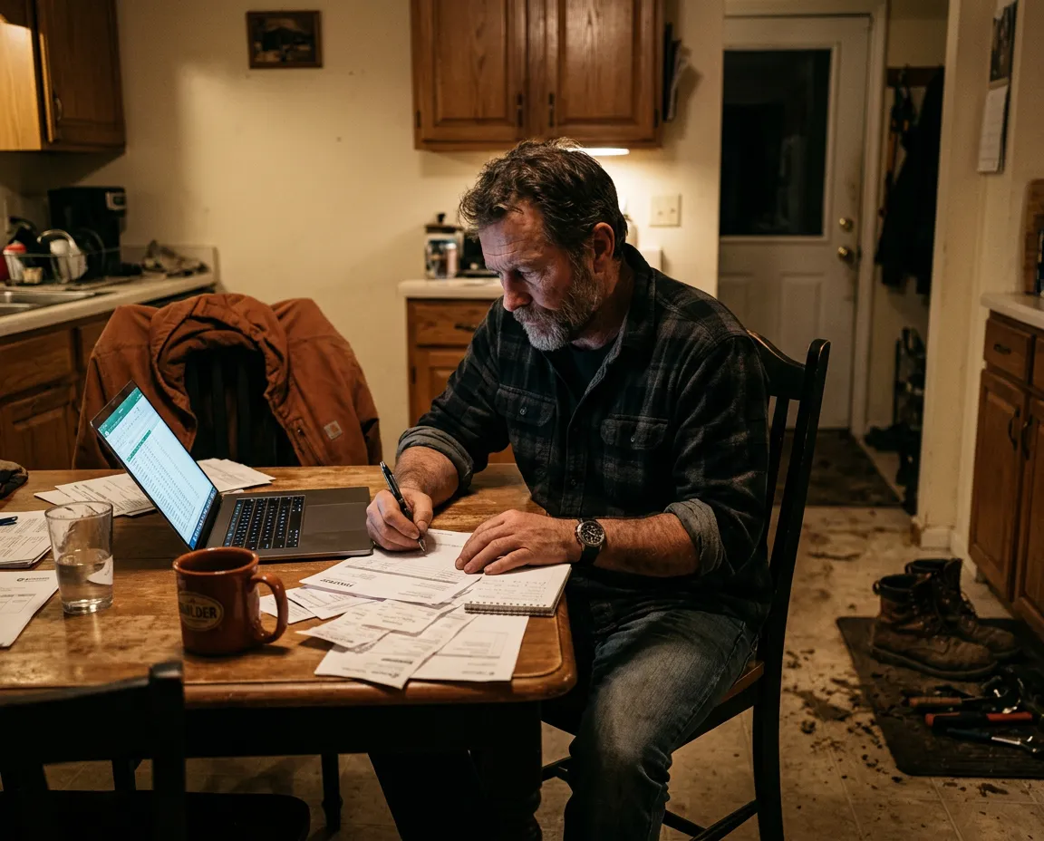Exhausted trade business owner reviewing paperwork late at night at the kitchen table