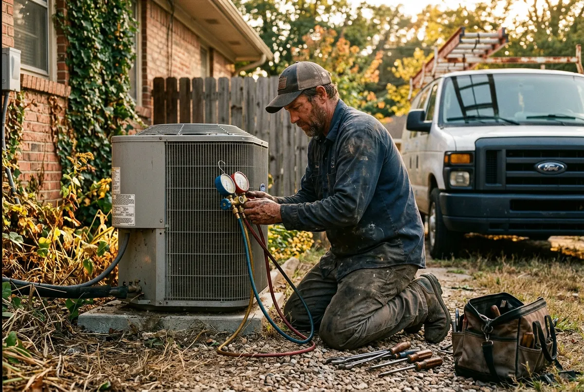 HVAC technician in work uniform servicing an outdoor residential compressor unit