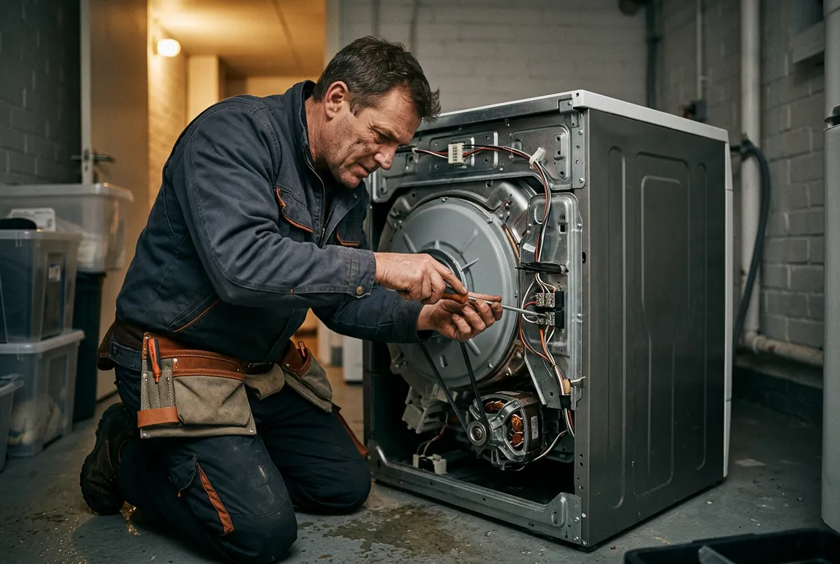 Appliance repair technician diagnosing mechanical parts of an open commercial refrigeration system