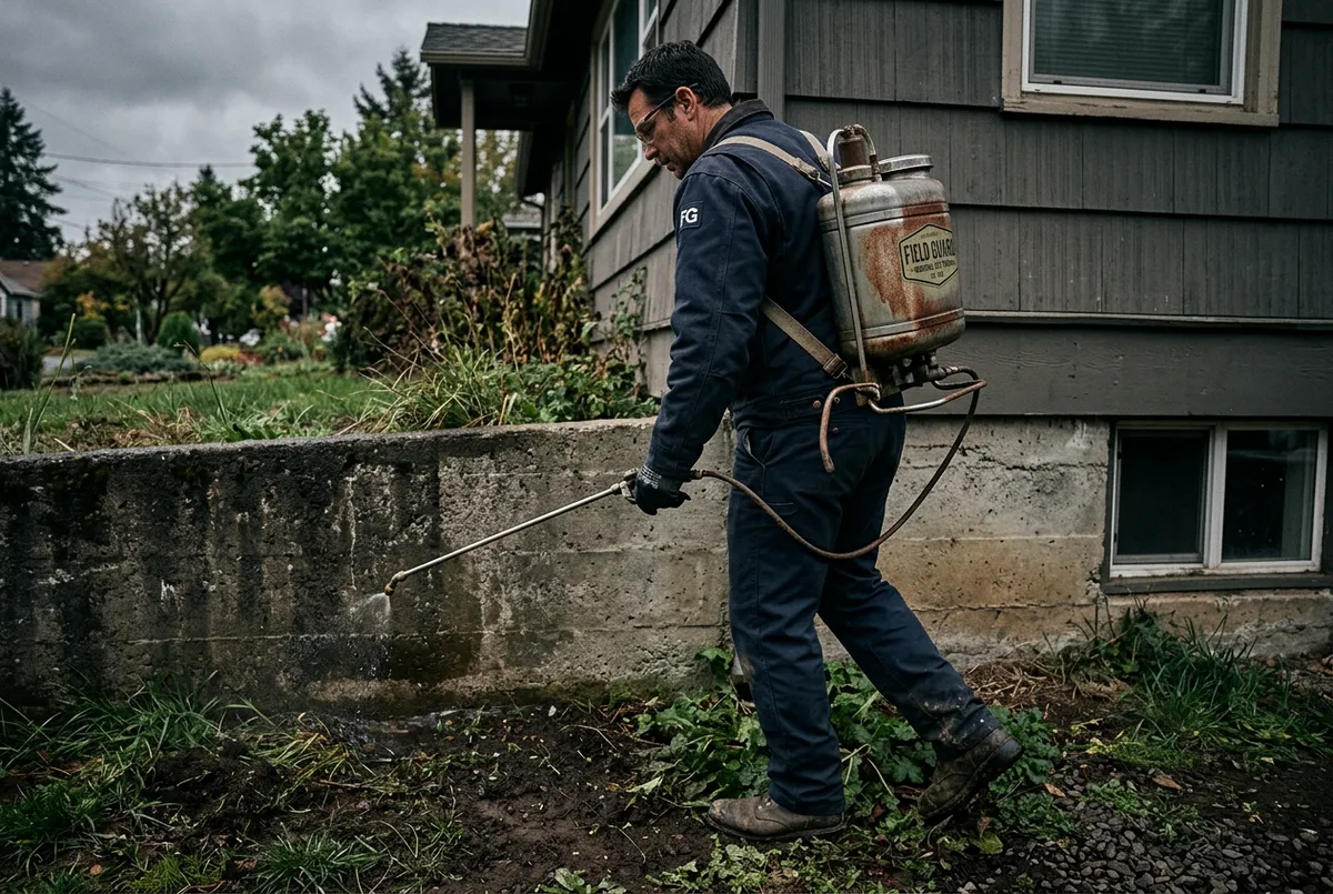 Pest control technician in utility boots and gear treating perimeter of a property