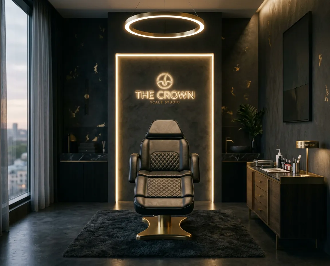 Pristine private scalp micropigmentation studio suite with high-end aesthetic leather chair and gold accents