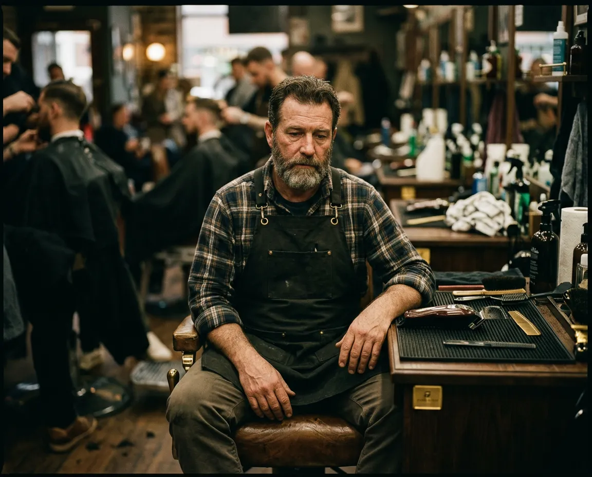 Exhausted barber grinding through repetitive low-ticket haircuts in a crowded noisy shop
