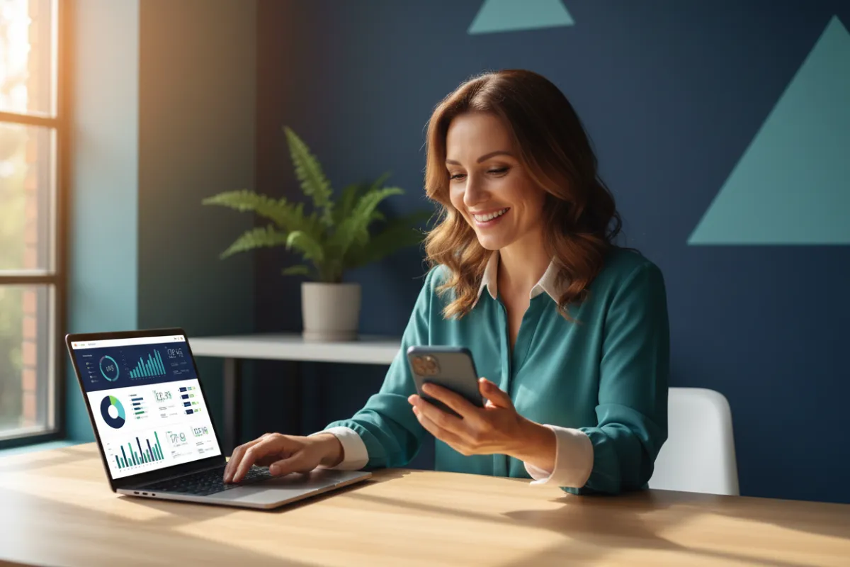 Modern CRM dashboard on laptop and phone, local business owner smiling, vibrant office, deep navy and teal accents