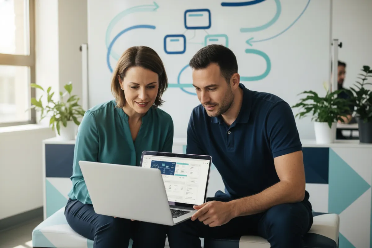 Expert onboarding specialist guiding local business owner through CRM setup, collaborative workspace, teal and navy accents