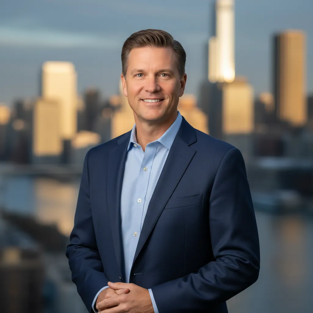 Portrait of Joshua, a middle-aged man with short brown hair, wearing a blue blazer and open-collar shirt, standing confidently in front of a blurred cityscape. The image radiates approachability and professional experience.