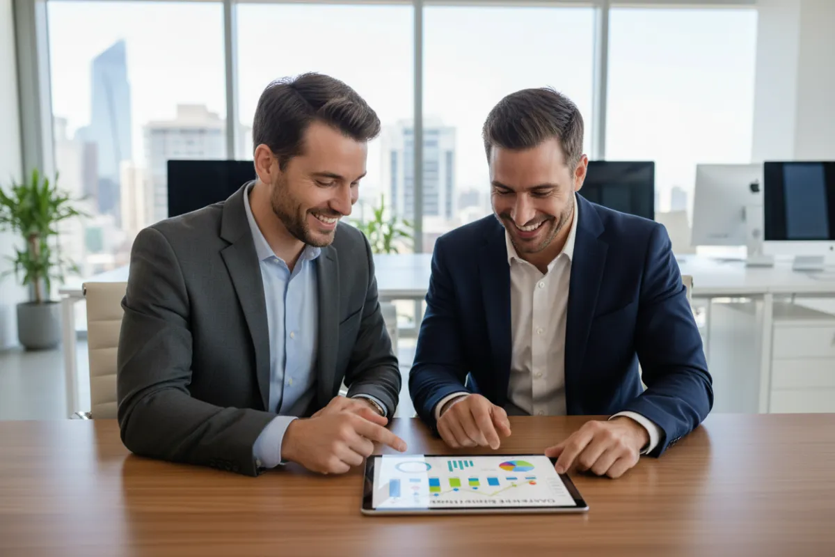 Joshua and Jeremy collaborating in a modern workspace, reviewing business growth charts together, both smiling and engaged, with a bright, inviting office background. The image conveys partnership, expertise, and a welcoming atmosphere.