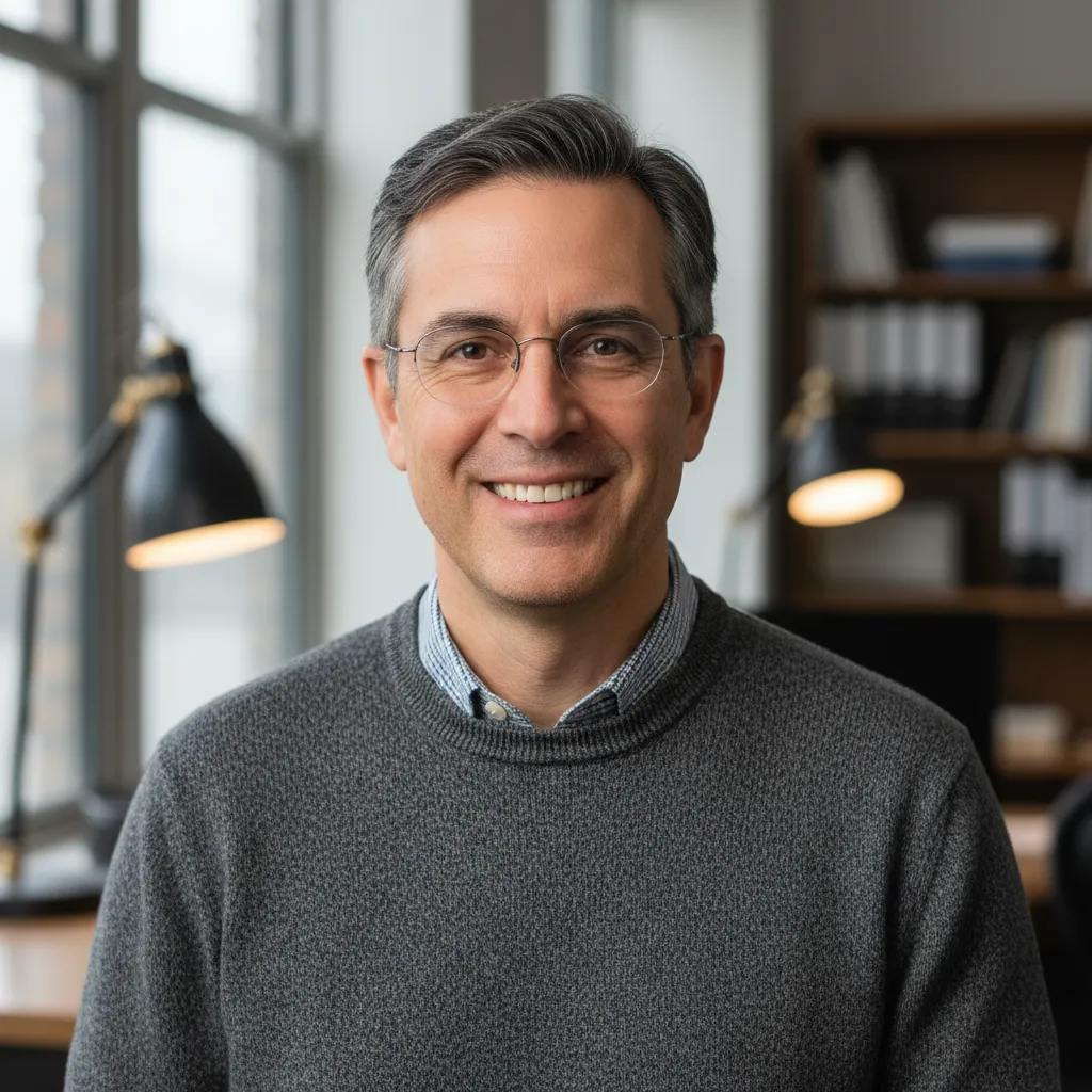 Portrait of Jeremy, a man in his late 40s with salt-and-pepper hair, glasses, and a warm smile, dressed in a smart-casual sweater, with a softly lit office background. The image suggests wisdom, reliability, and a friendly demeanor.