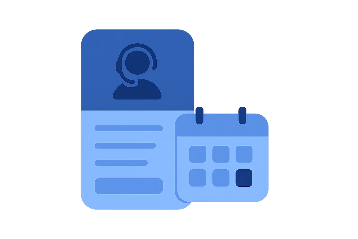 Product illustration of a mobile bookings card and calendar tile in brand blues, showing quick scheduling and local support.