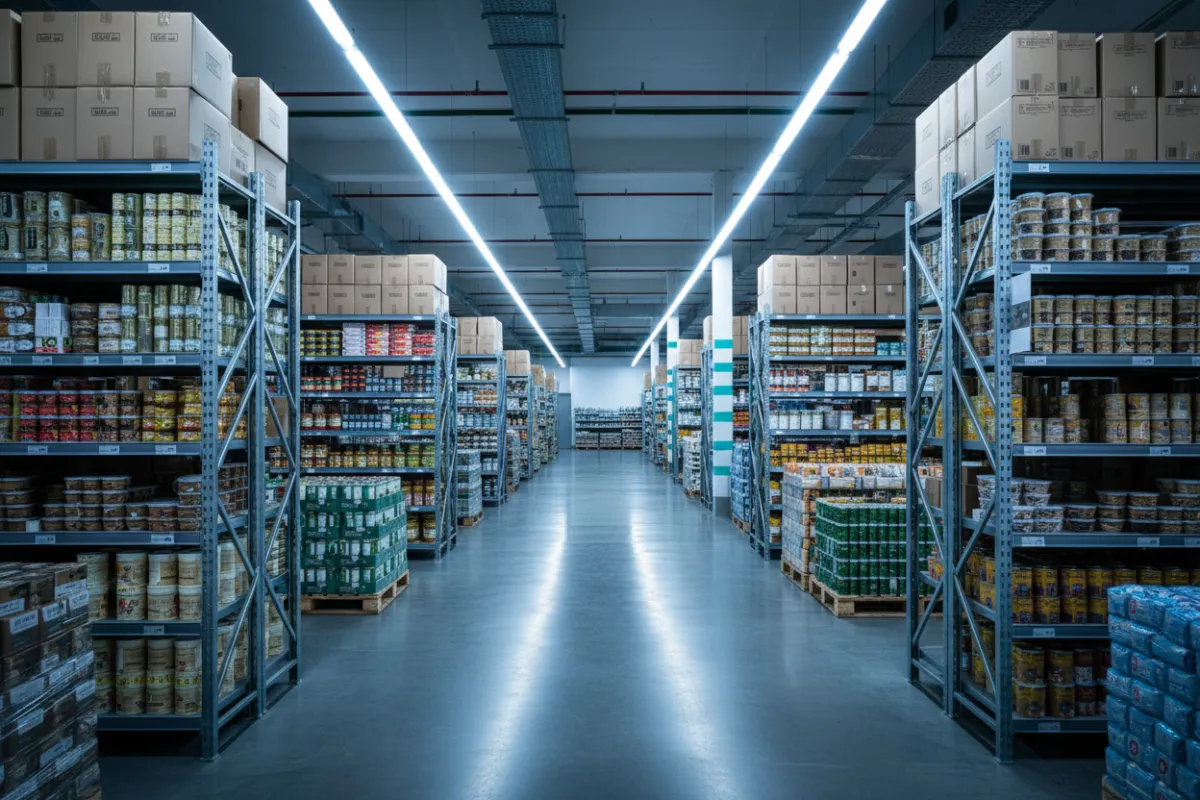 Modern grocery wholesale warehouse with organized aisles