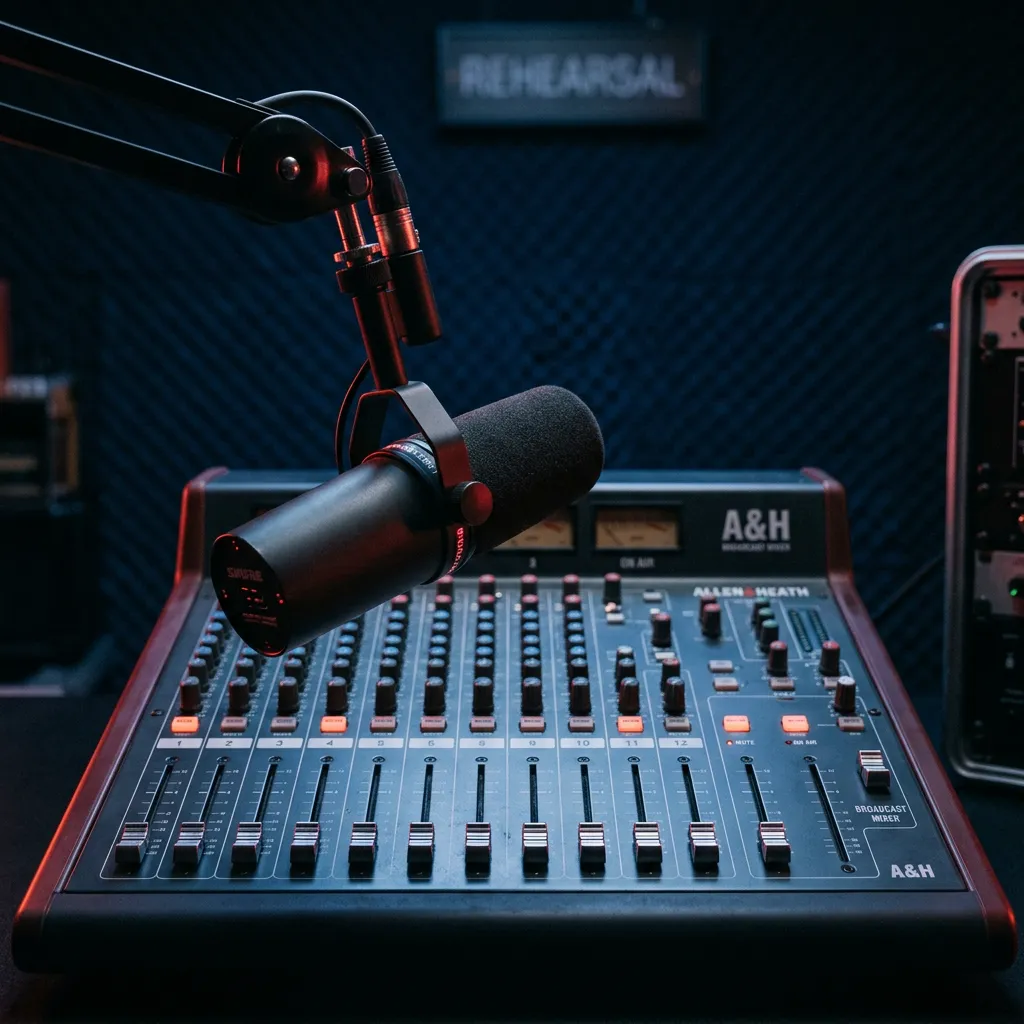 Broadcast radio console and microphone in studio with subtle navy ambient lighting
