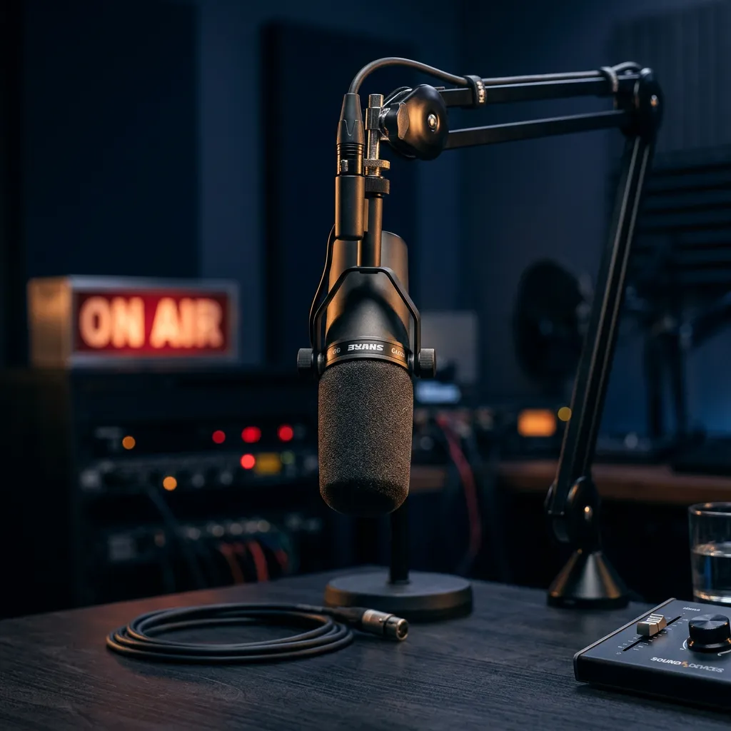 Professional radio broadcast studio microphone and audio mixing console illuminated in warm studio lighting