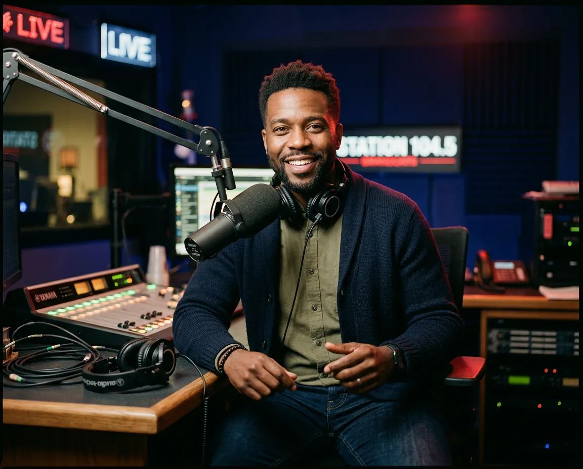 Good Morning Sunshine morning radio host broadcasting in studio