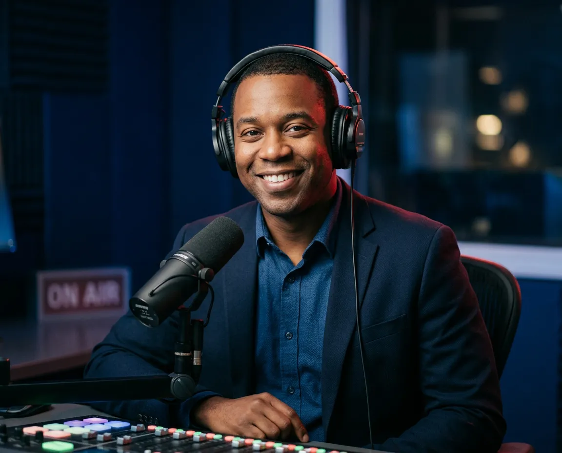 Byron Brown host of All About the Fans in radio broadcast studio
