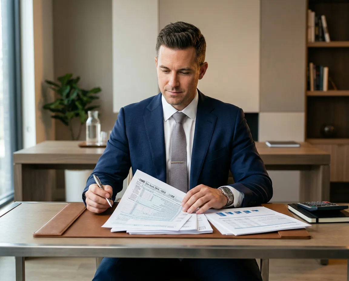 Professional tax and financial team reviewing documents in modern office