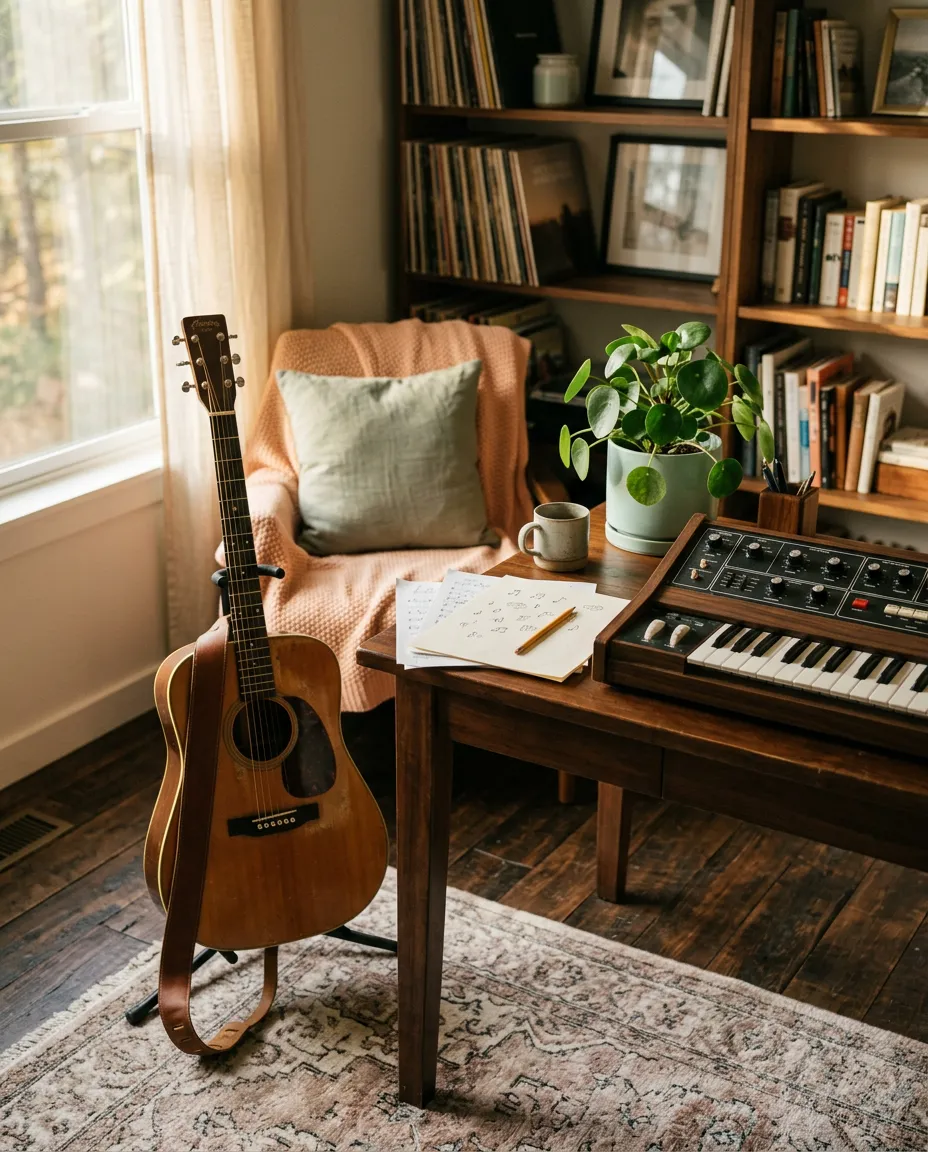 Cozy sunlit bedroom home studio setup with acoustic guitar, vintage analog keyboard, warm timber desk, and natural leafy plants