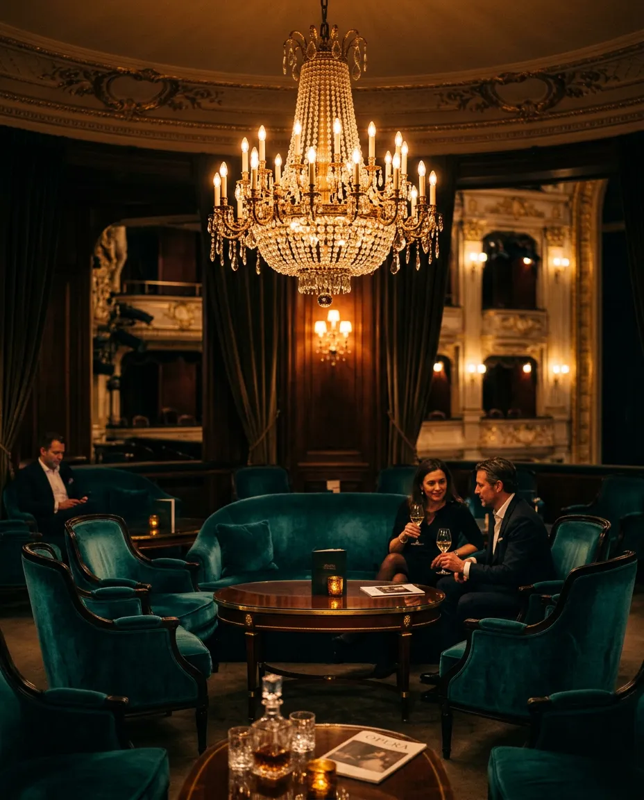 Opulent European opera house lounge illuminated by warm chandeliers