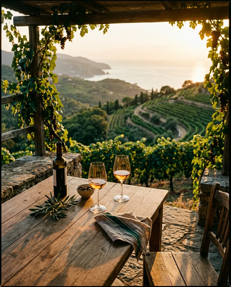 Sunlit Mediterranean vineyard terrace overlooking the sea at sunset