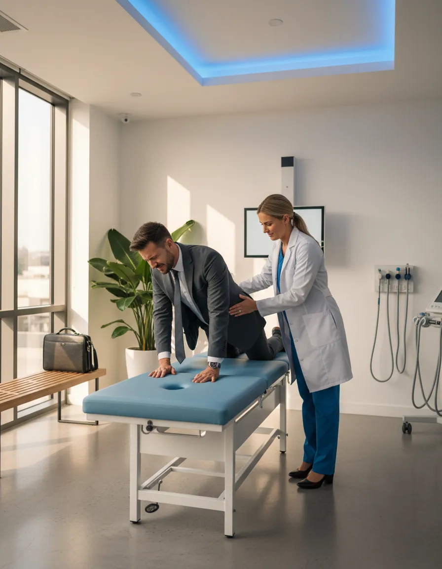 Chiropractor assessing entrepreneur with lower back pain in Pretoria clinic